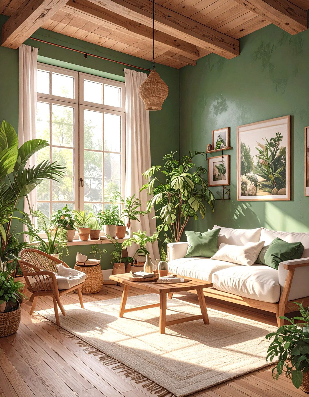 Green Living Room with Natural Wood - 30 green living room ideas