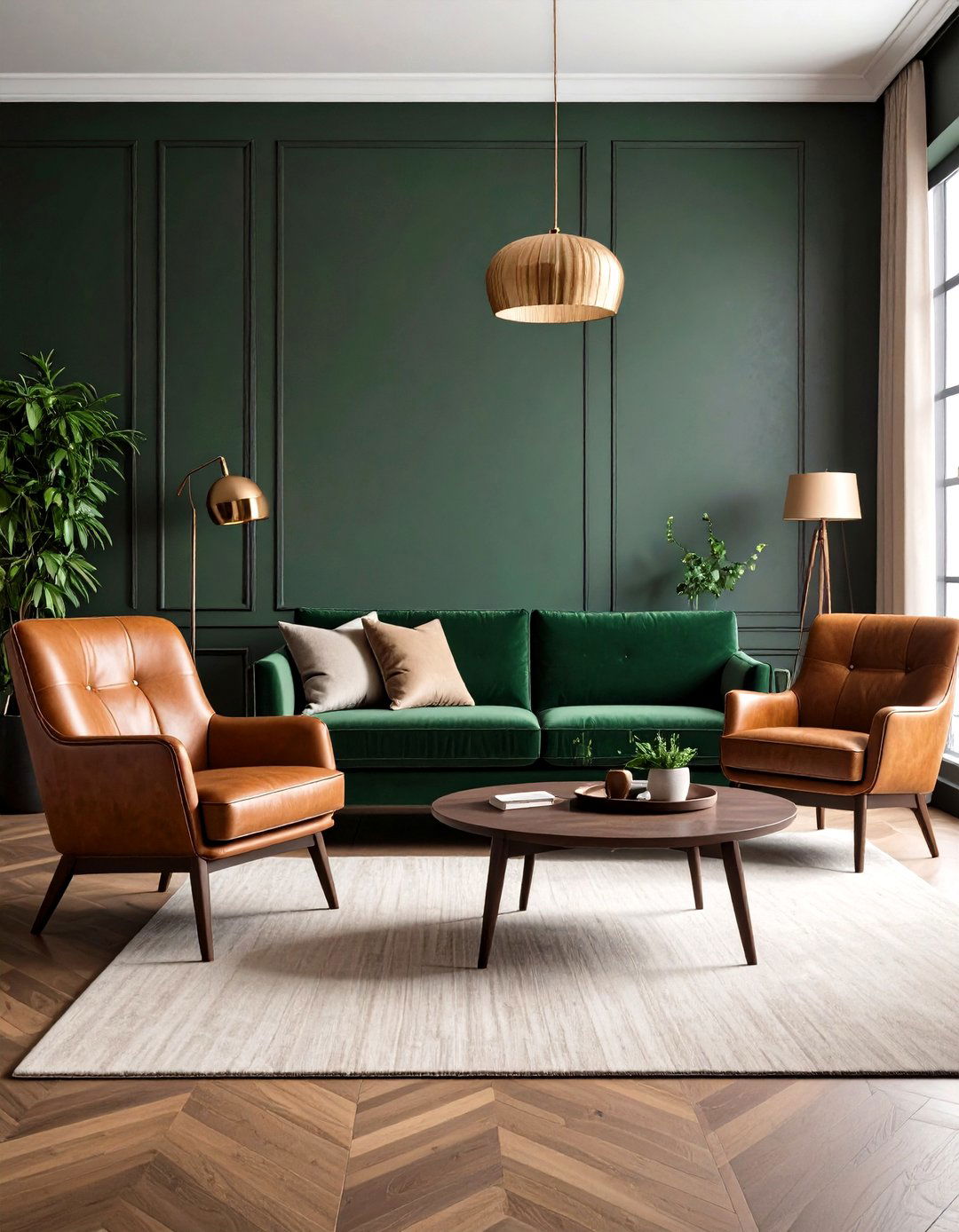 Green Sofa Paired with Leather Chairs - 30 green sofa living room ideas