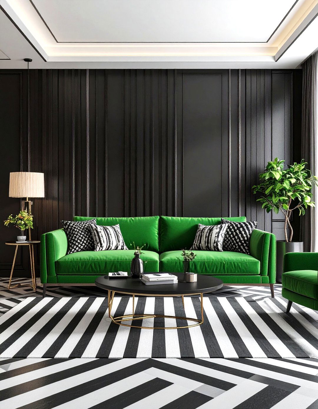 Green Sofa and Black and White Decor - 30 green sofa living room ideas