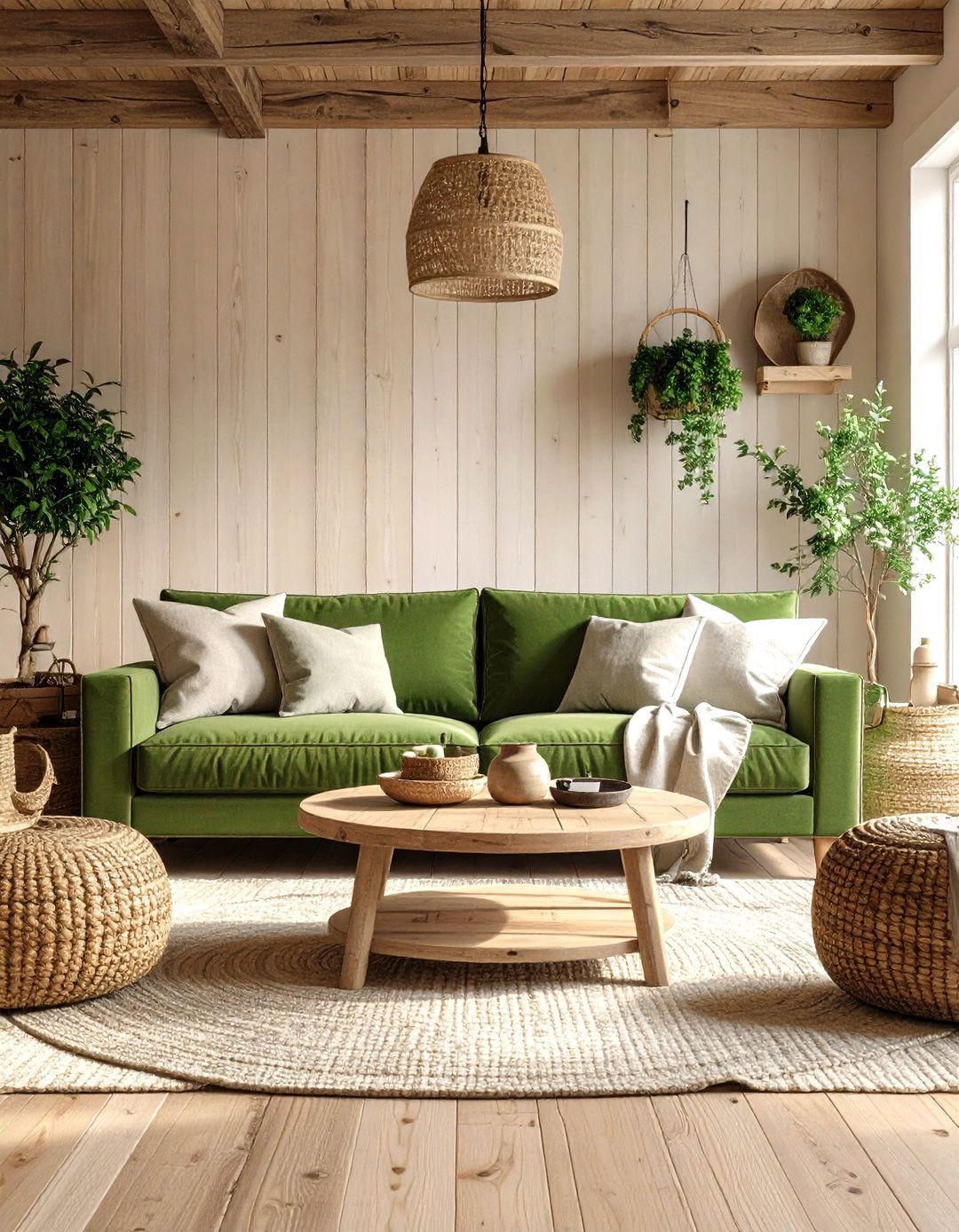 Green Sofa in a Farmhouse Living Room - 30 green sofa living room ideas