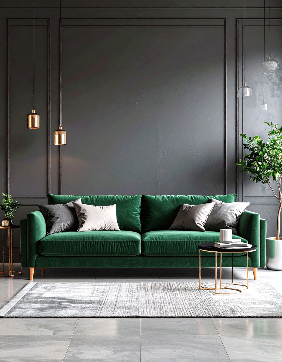 Green Sofa with Gray Walls - 30 green sofa living room ideas