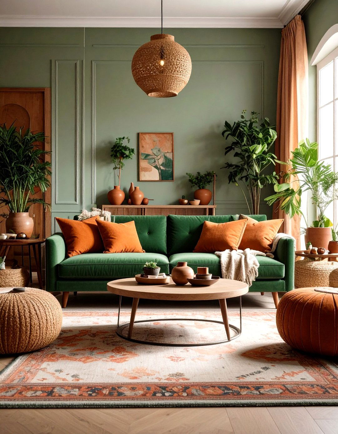 Green Sofa with Orange and Terracotta Accents - 30 green sofa living room ideas