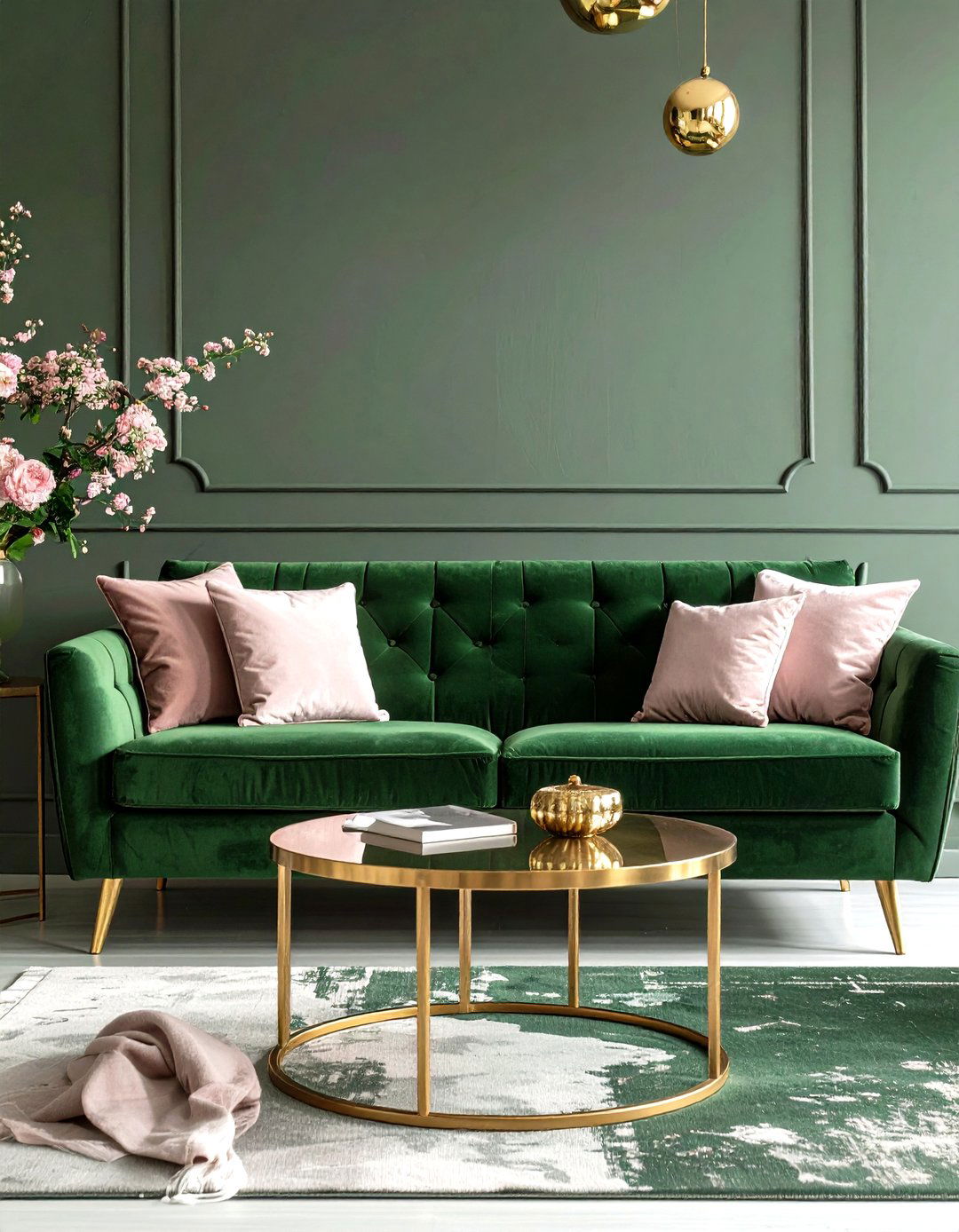 Green Sofa with Pink and Gold Accents - 30 green sofa living room ideas