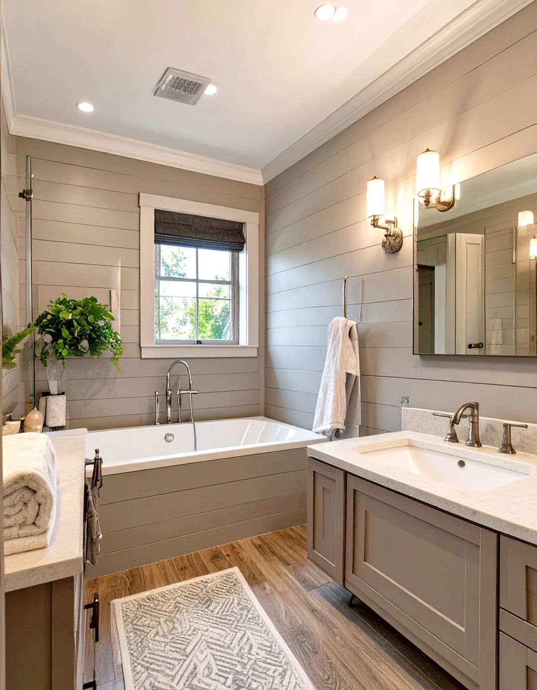 Greige Shiplap Bathroom for a Warm Neutral Look - 30 shiplap bathroom ideas
