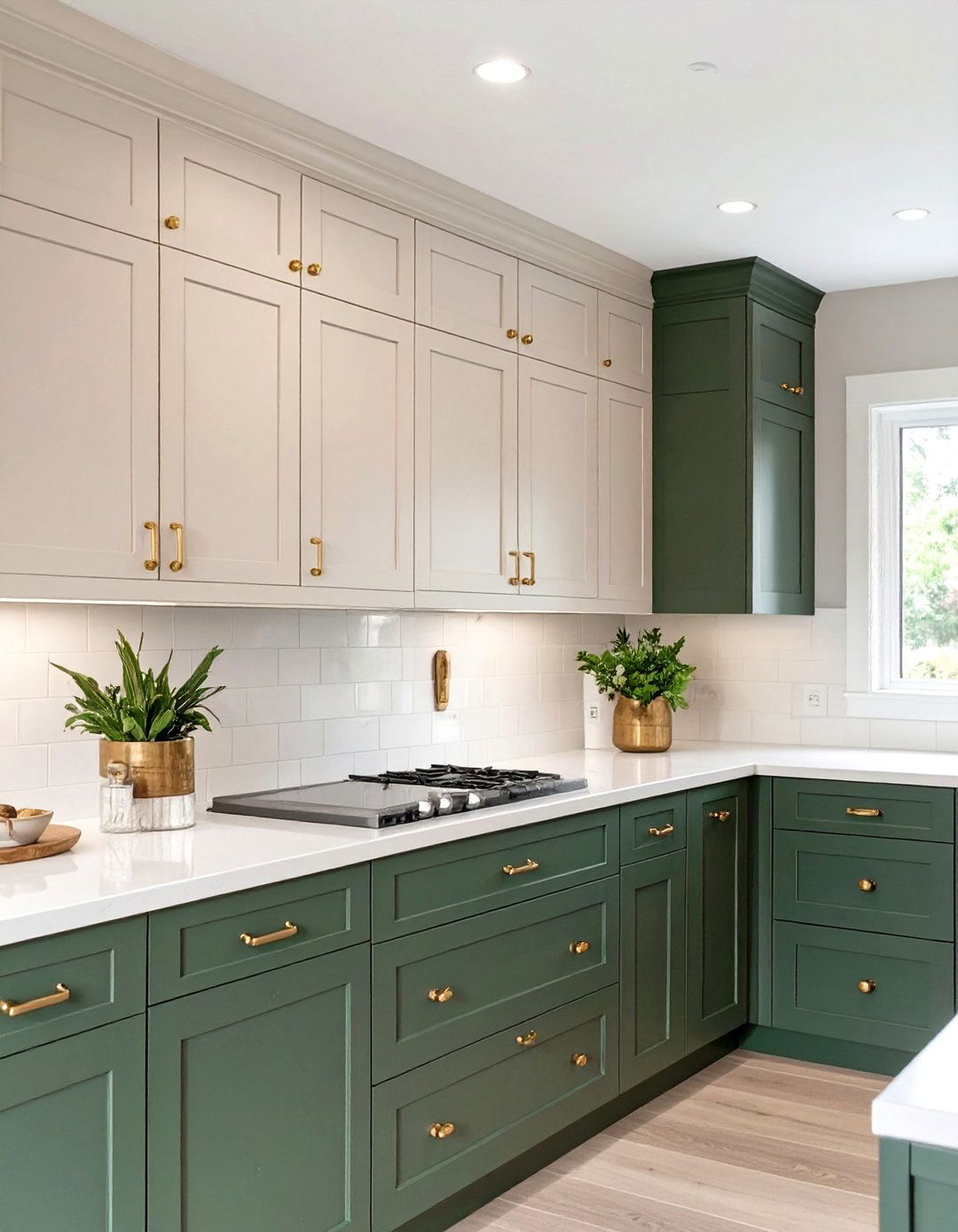 Greige Uppers and Dark Green Lower Cabinets - 30 two tone painted kitchen cabinet ideas