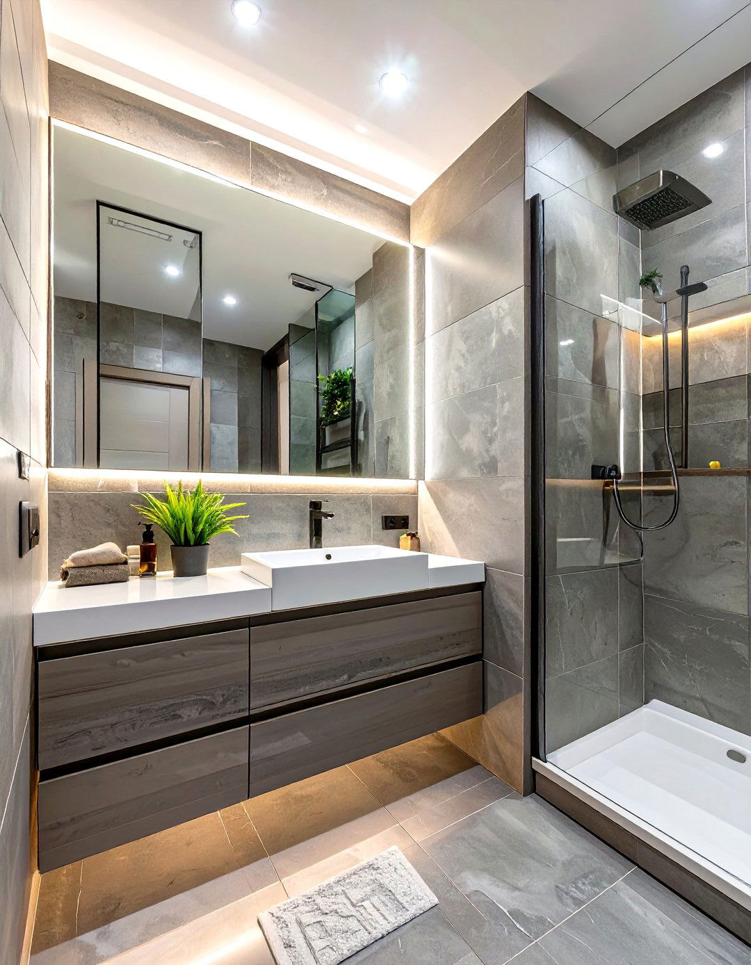 Grey Bathroom with Smart Lighting - 30 grey modern small bathroom designs
