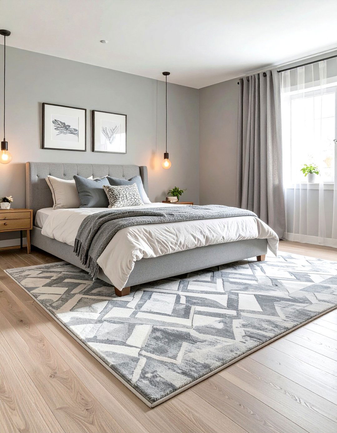 Grey Bedroom Featuring a Large Area Rug - 30 simple grey bedroom ideas