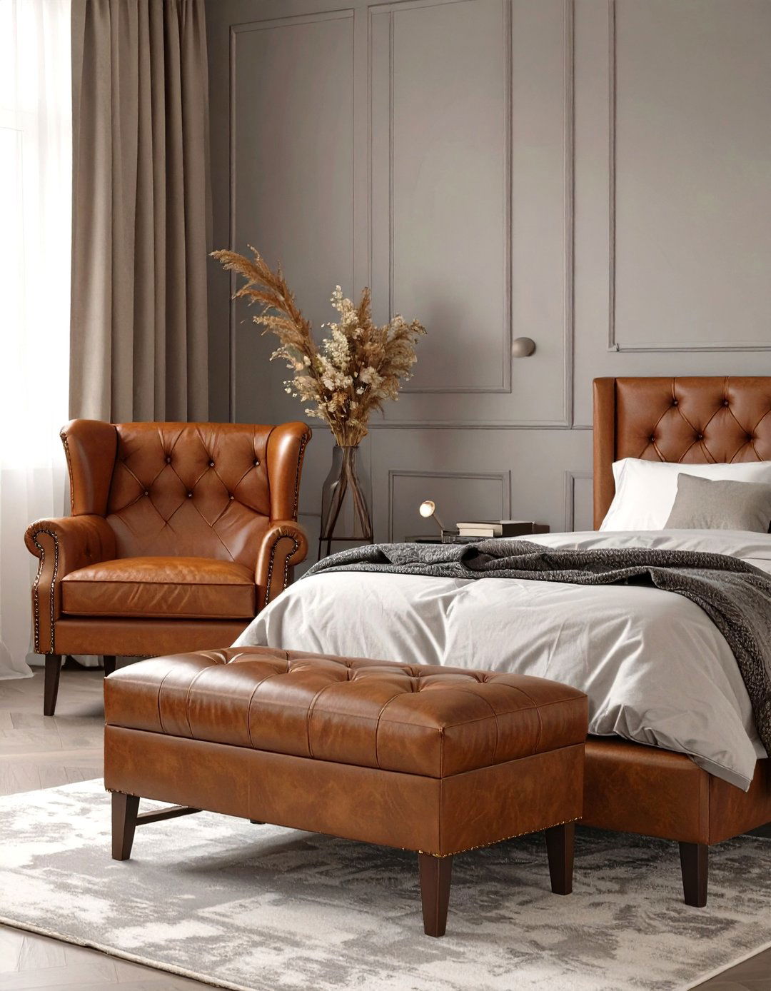 Grey Bedroom Paired with Leather Furniture - 30 simple grey bedroom ideas