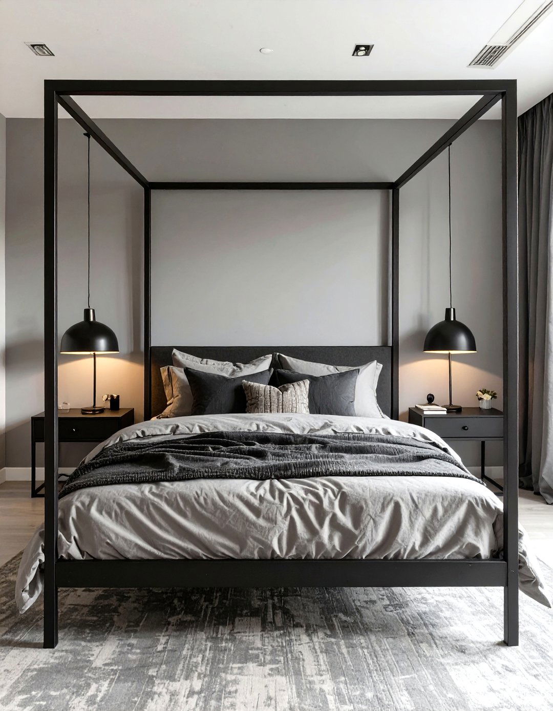 Grey Bedroom with Black Metal Fixtures - 30 simple grey bedroom ideas