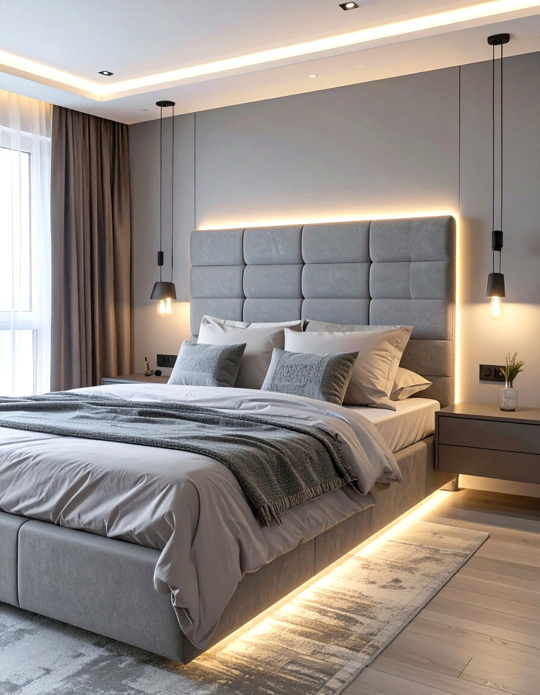 Grey Bedroom with Integrated Lighting - 30 simple grey bedroom ideas