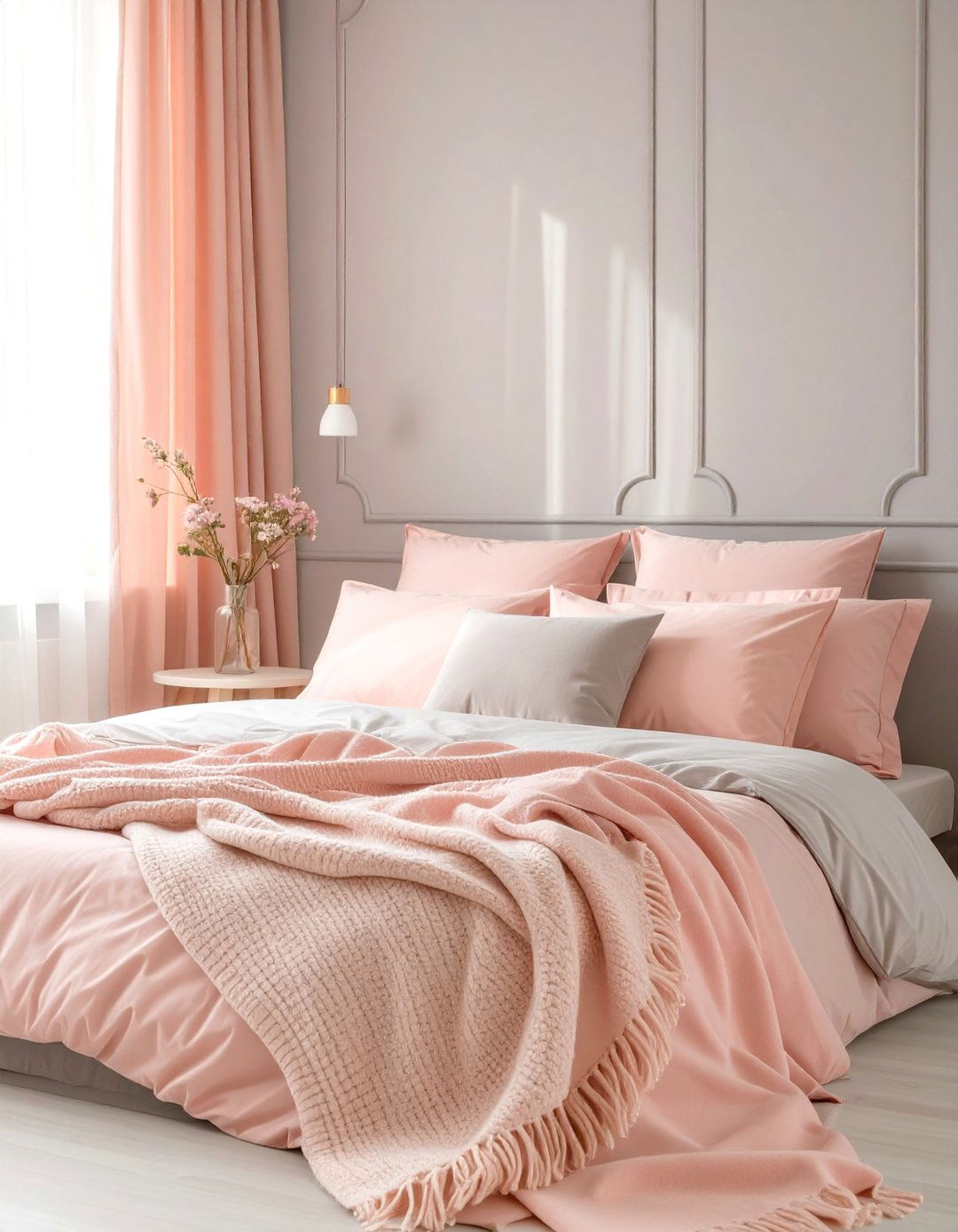 Grey Bedroom with Soft Pink Textiles - 30 simple grey bedroom ideas