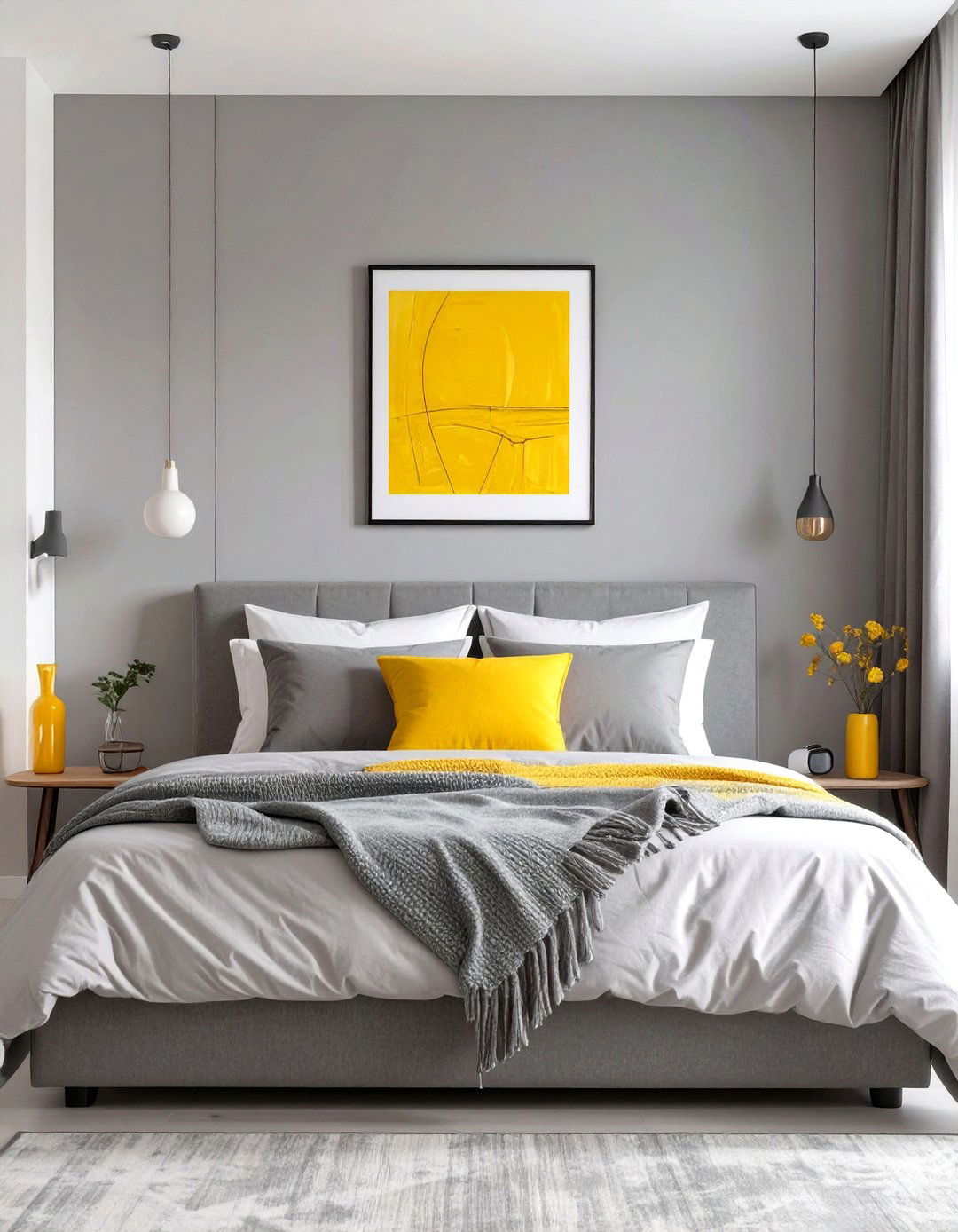 Grey Bedroom with a Pop of Yellow - 30 simple grey bedroom ideas