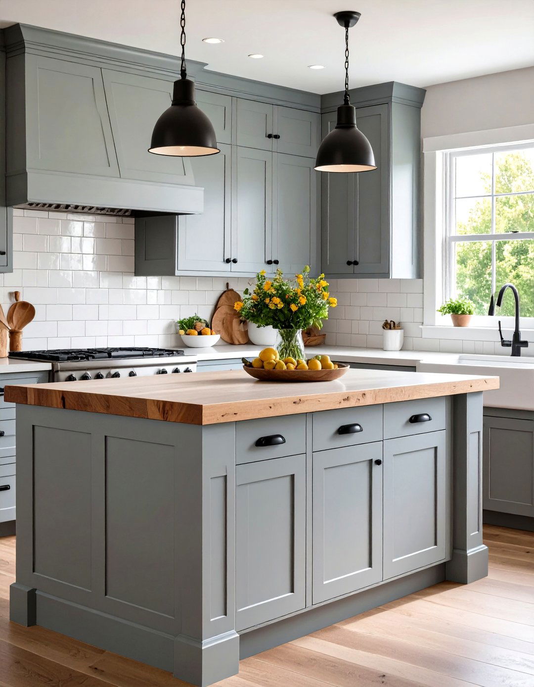Grey Farmhouse Kitchen with Wood Accents - 30 grey kitchen cabinets ideas