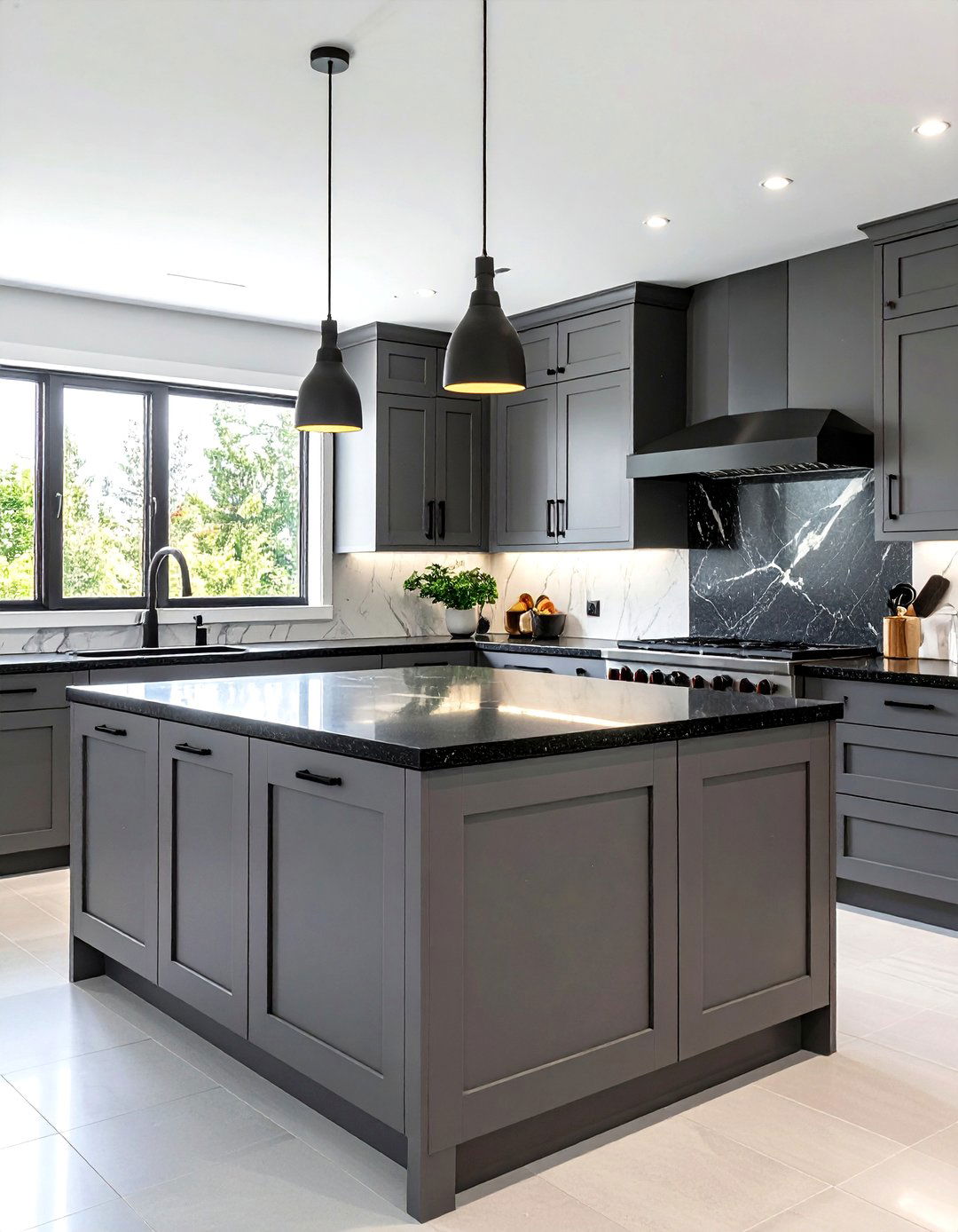 Grey Kitchen with Black Countertops and Hardware - 30 grey kitchen cabinets ideas