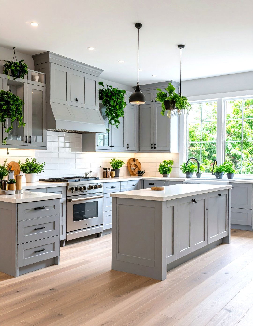 Grey Kitchen with Greenery and Natural Light - 30 grey kitchen ideas