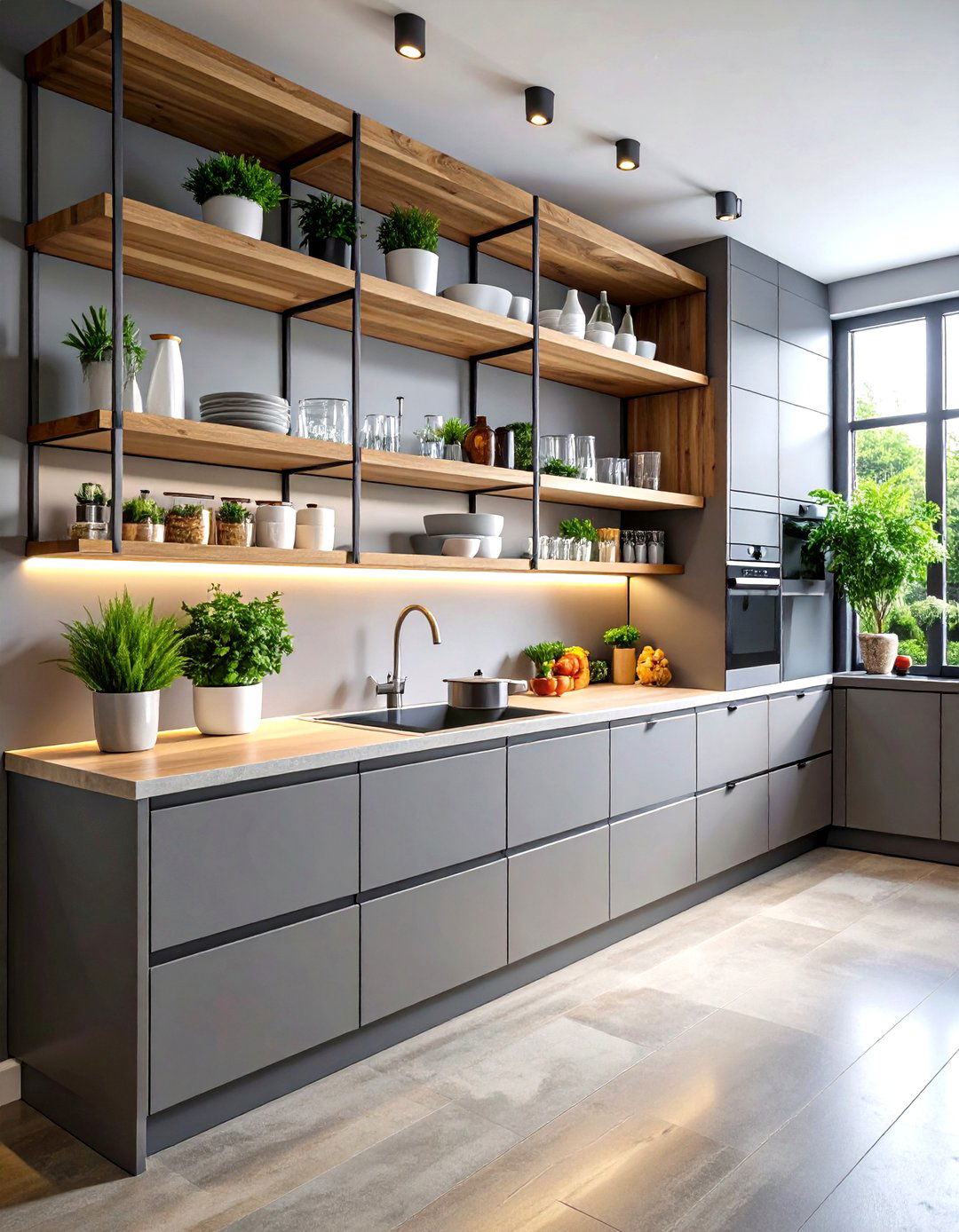 Grey Kitchen with Open Shelving - 30 grey kitchen ideas