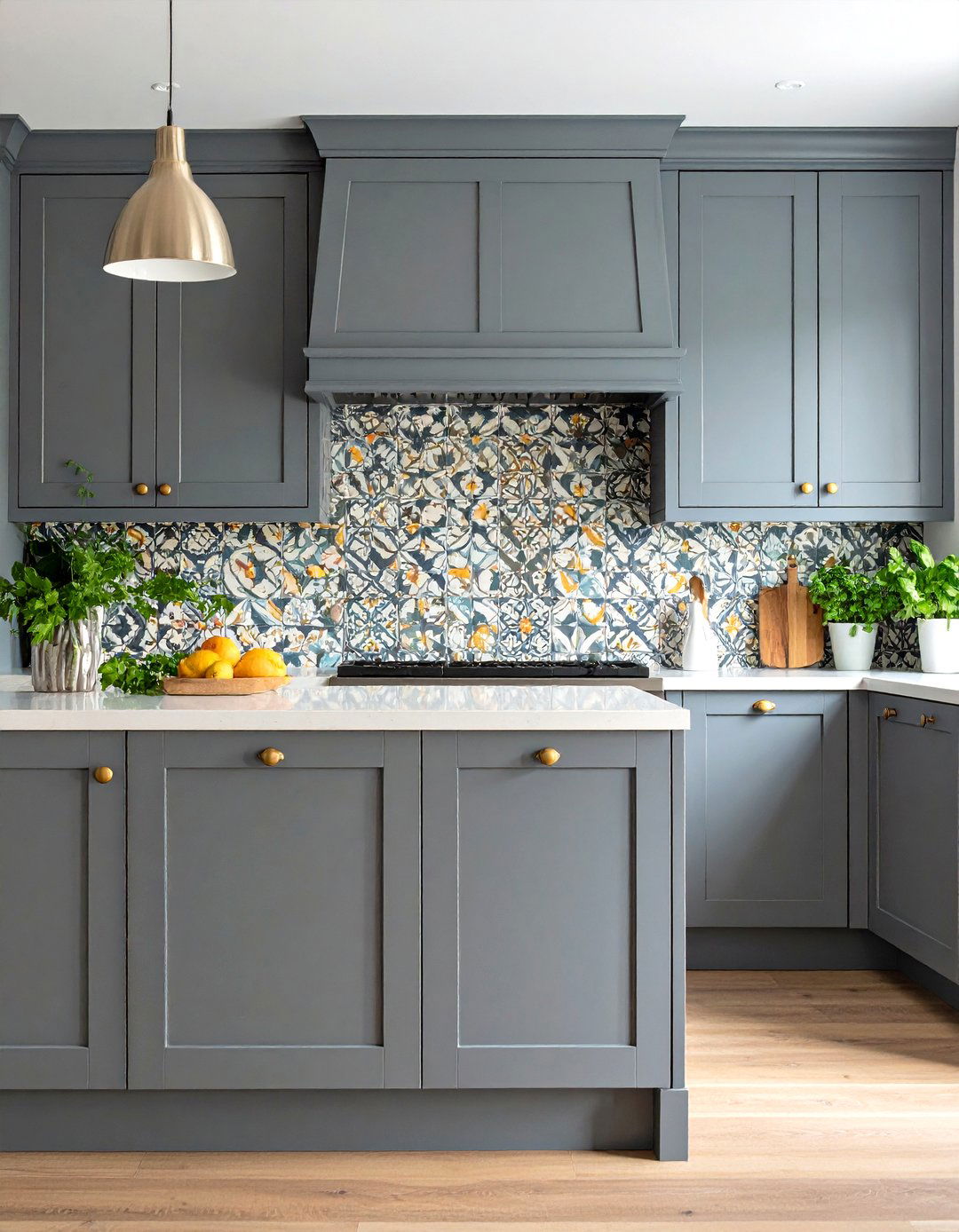 Grey Kitchen with a Boldly Patterned Backsplash - 30 grey kitchen cabinets ideas