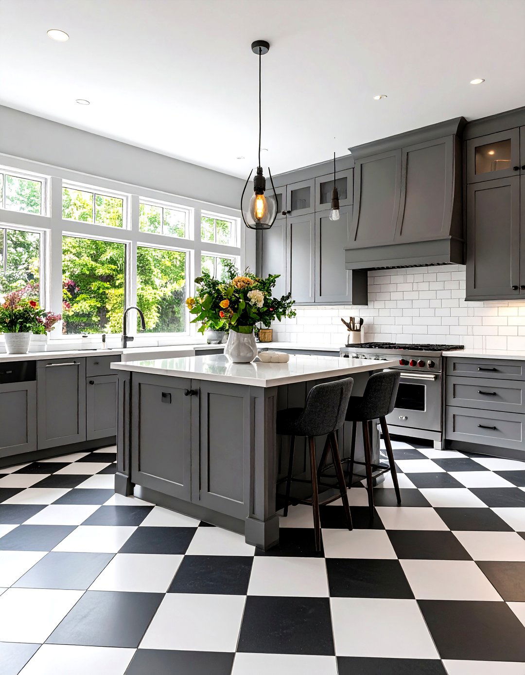 Grey Kitchen with a Checkered Floor - 30 grey kitchen ideas