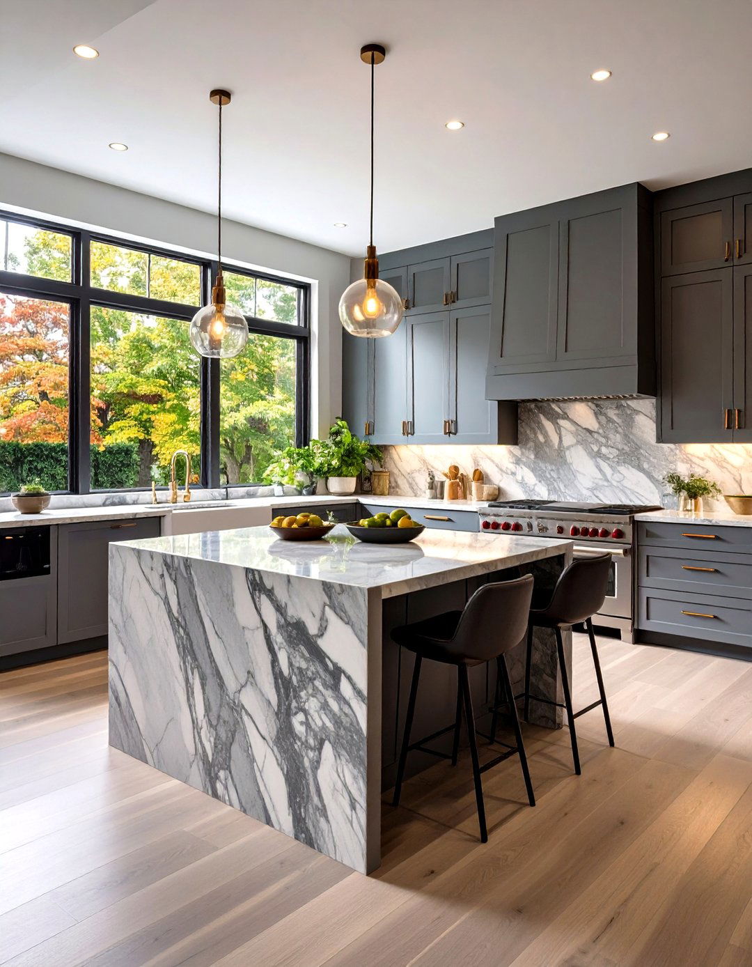 Grey Kitchen with a Waterfall Island - 30 grey kitchen ideas