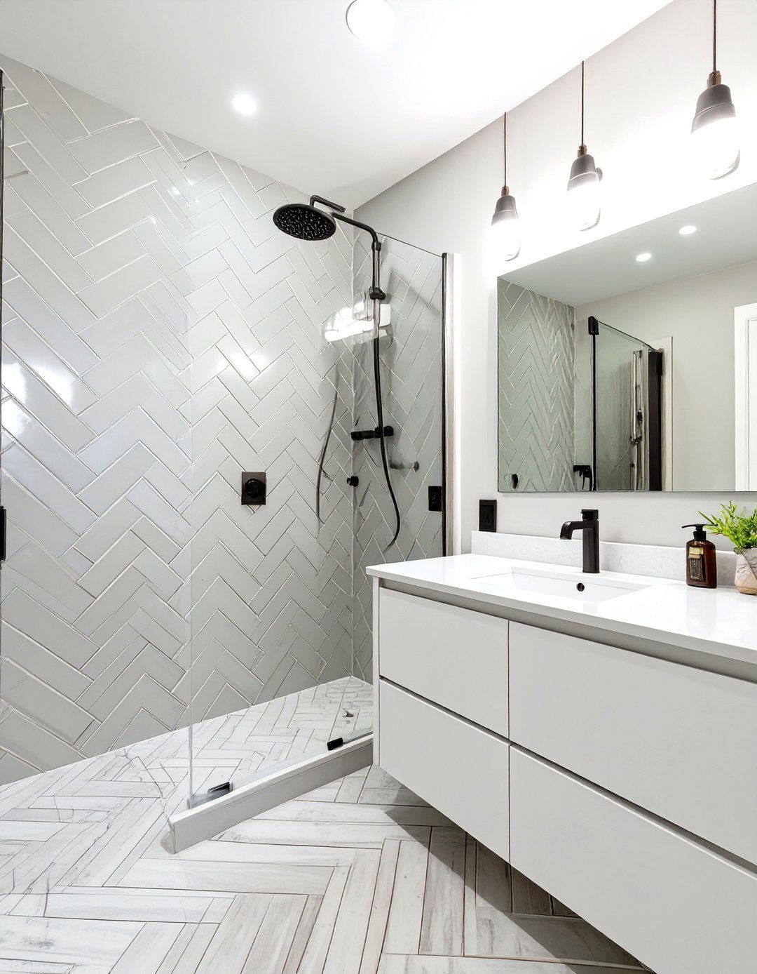 Grey Subway Tile Bathroom with White Grout - 30 grey and white bathroom ideas