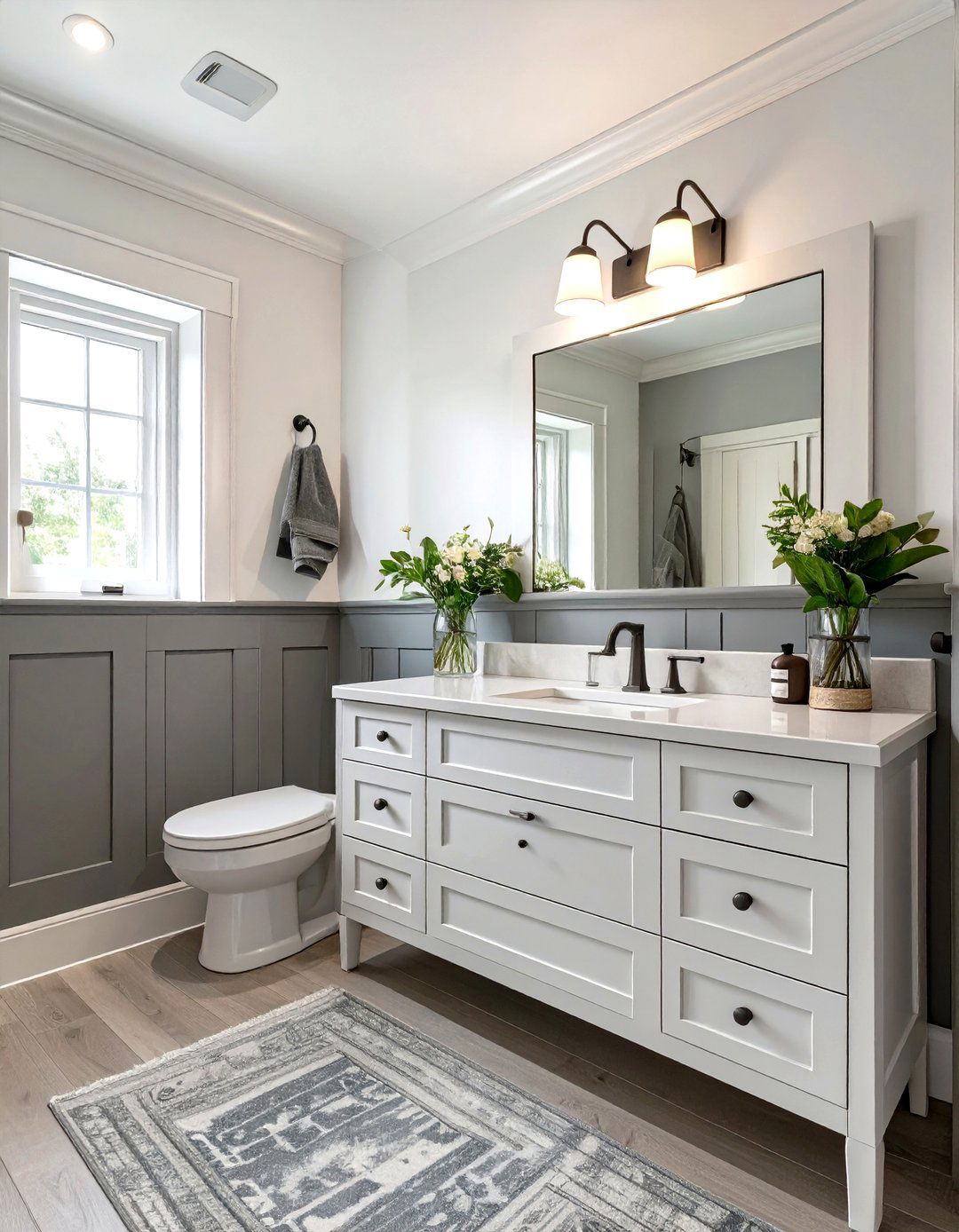 Grey Wainscoting and White Walls Bathroom - 30 grey and white bathroom ideas