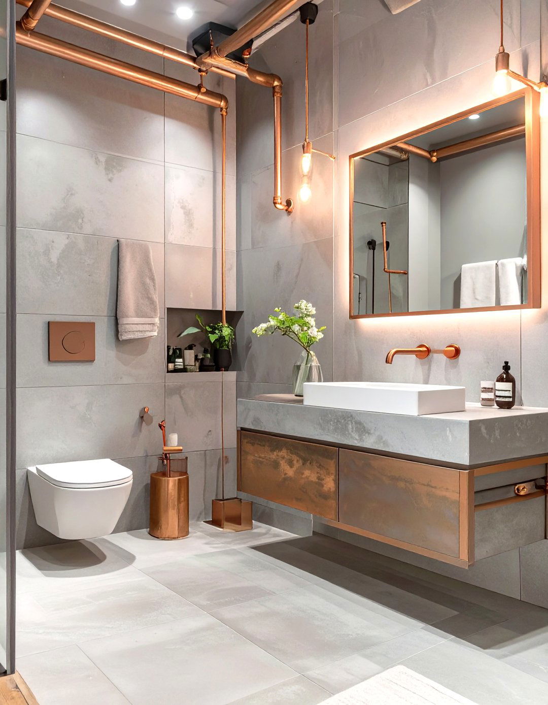Grey and Copper Industrial Bathroom - 30 grey bathroom ideas