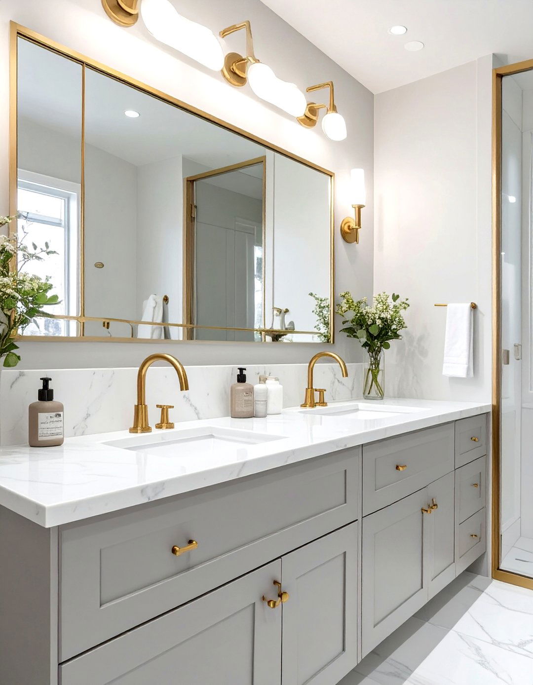 Grey and White Bathroom with Brass Fixtures - 30 grey and white bathroom ideas