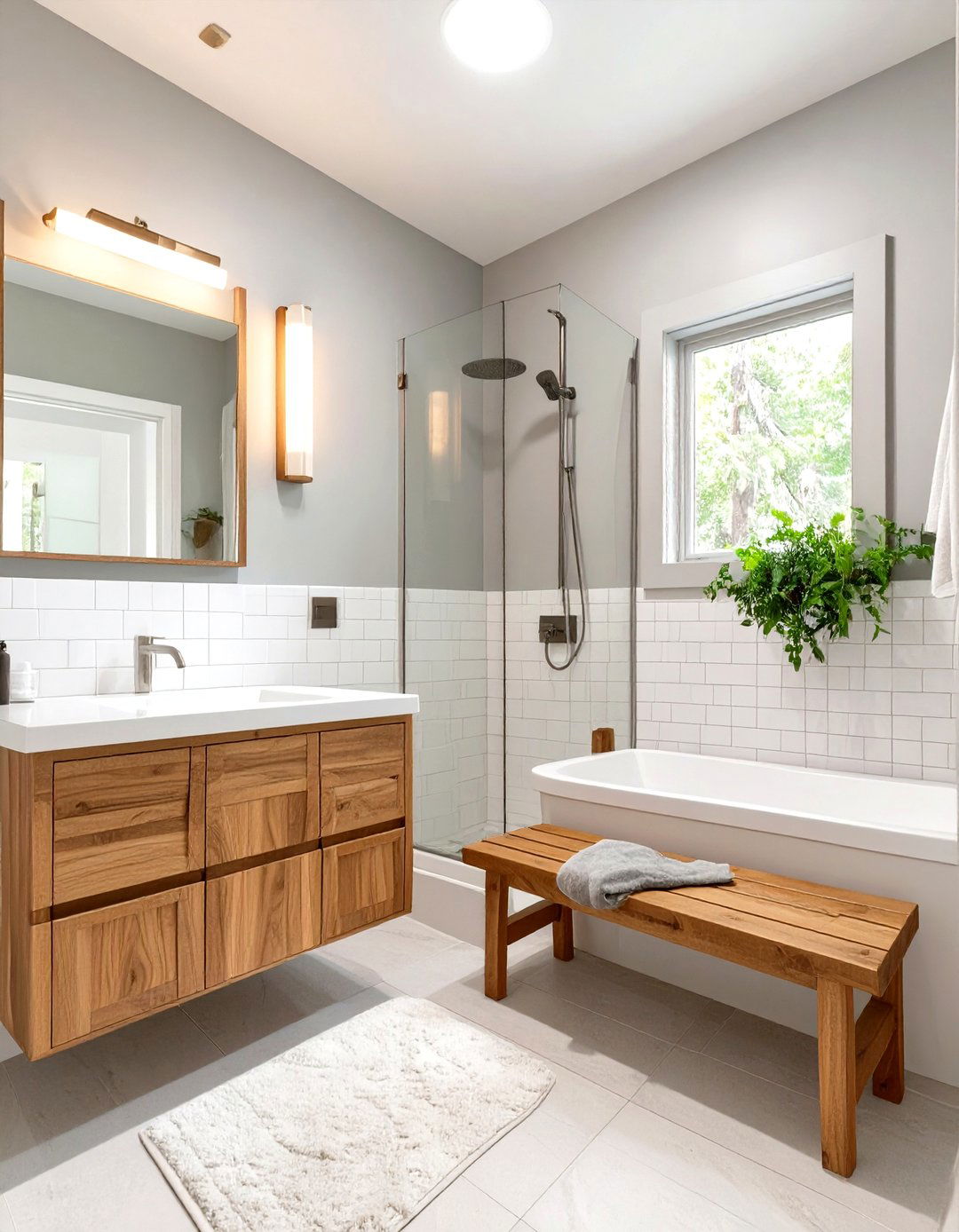Grey and White Bathroom with Wood Accents - 30 grey and white bathroom ideas