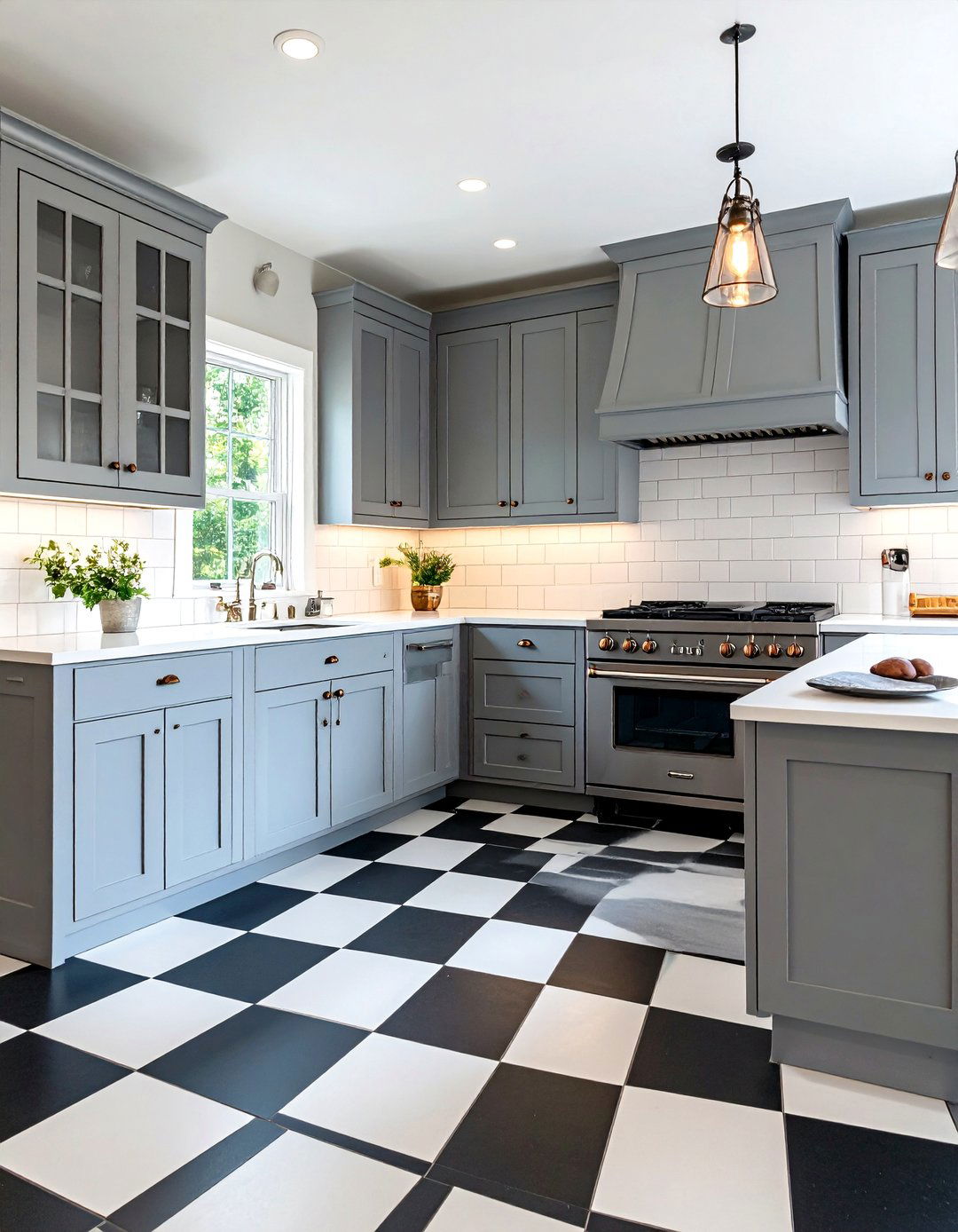 Grey and White Kitchen with a Checkerboard Floor - 30 grey kitchen cabinets ideas