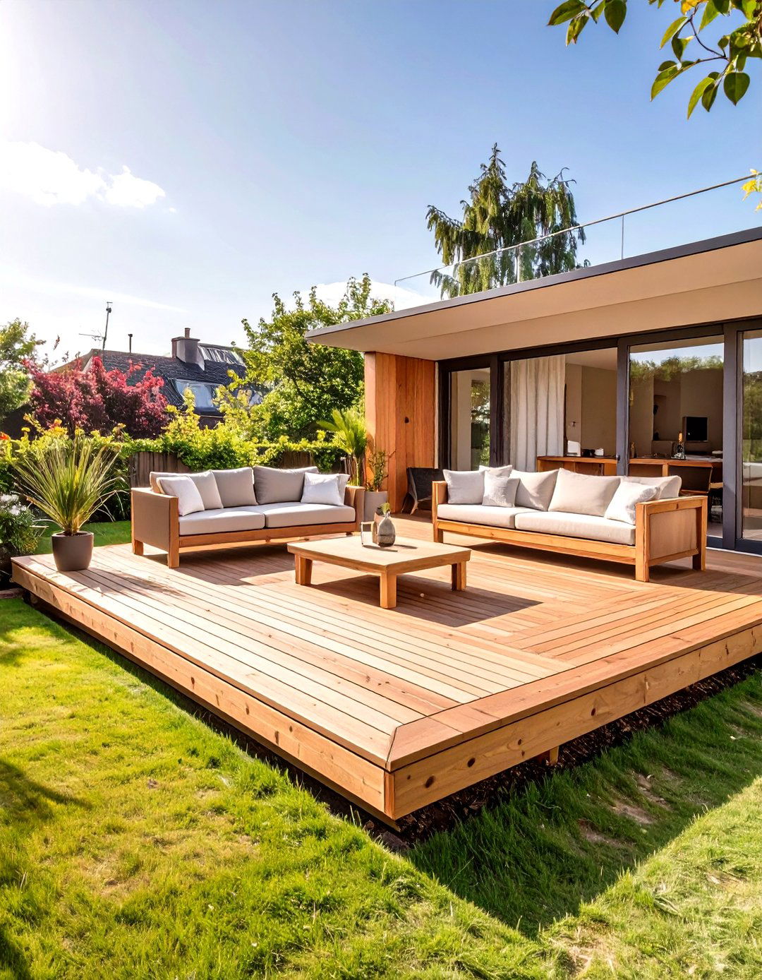 Ground Level Floating Wooden Deck - 30 wooden deck ideas