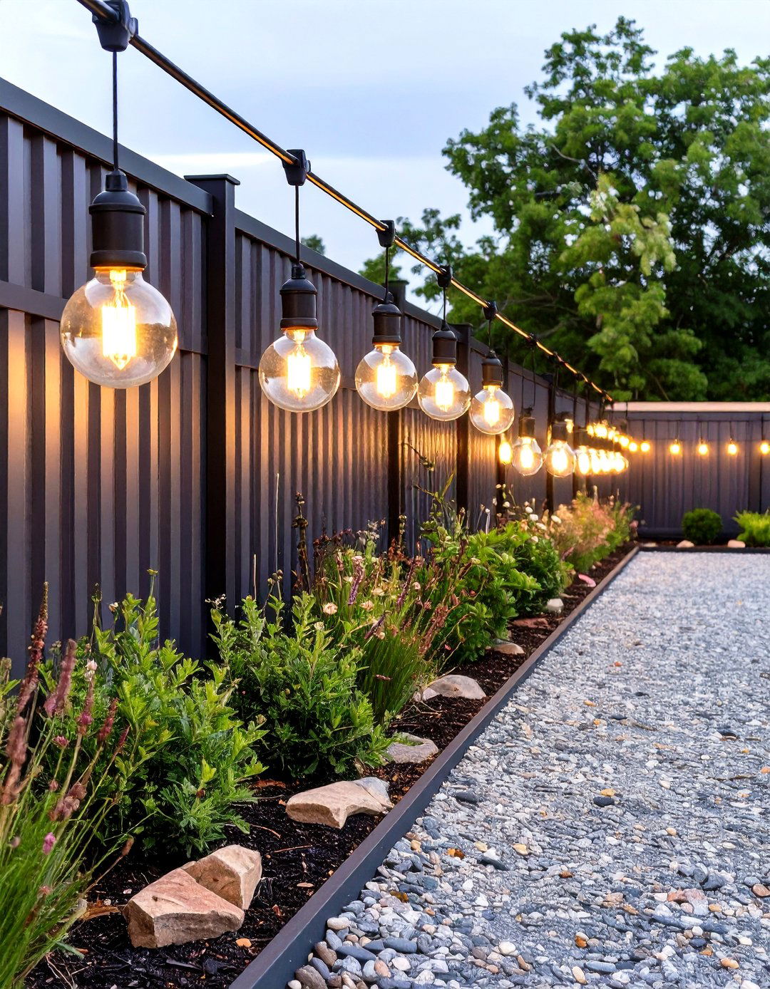 Guide Wire Mounted Globe String Lights - 30 outdoor fence lighting ideas