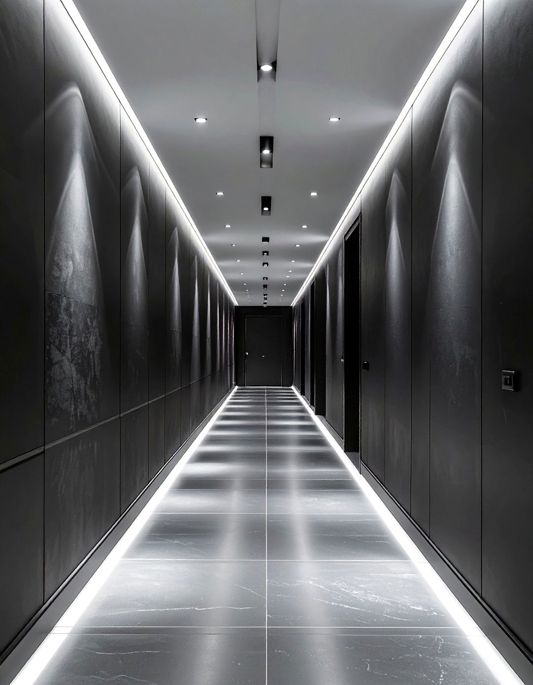 Hallway with a Black Accent Wall and Lighting Effects - 30 black accent wall ideas