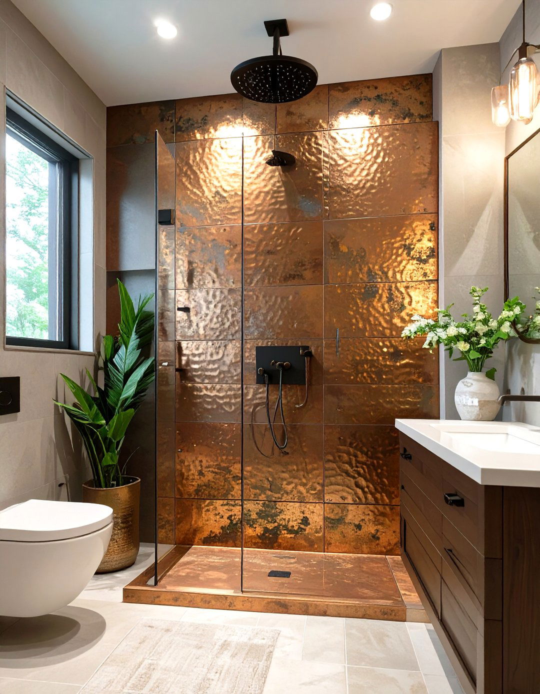 Hammered Copper Wall Panel Rustic Shower - 30 rustic shower ideas