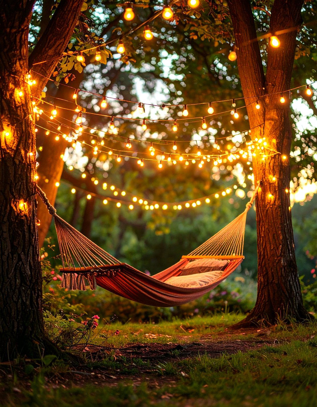 Hammock Nook Outdoor String Light Canopy - 30 outdoor string light ideas