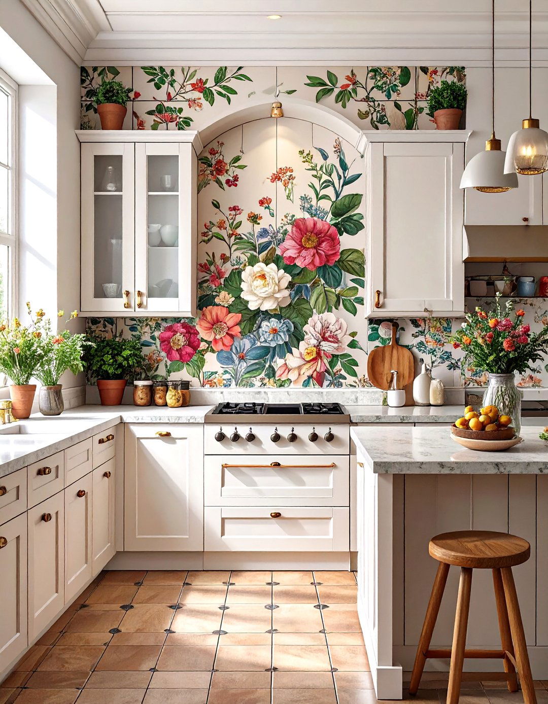 Hand Painted Mural Tile Backsplash - 30 backsplash ideas for white cabinets and quartz countertops