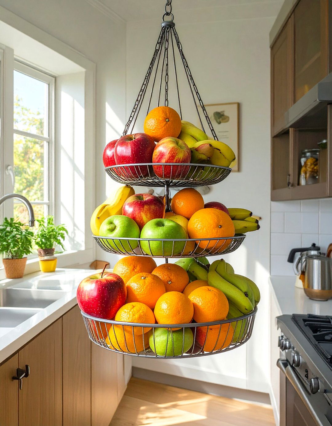 Hang Fruit in a Multi Tiered Basket - 30 very small kitchen ideas on a budget