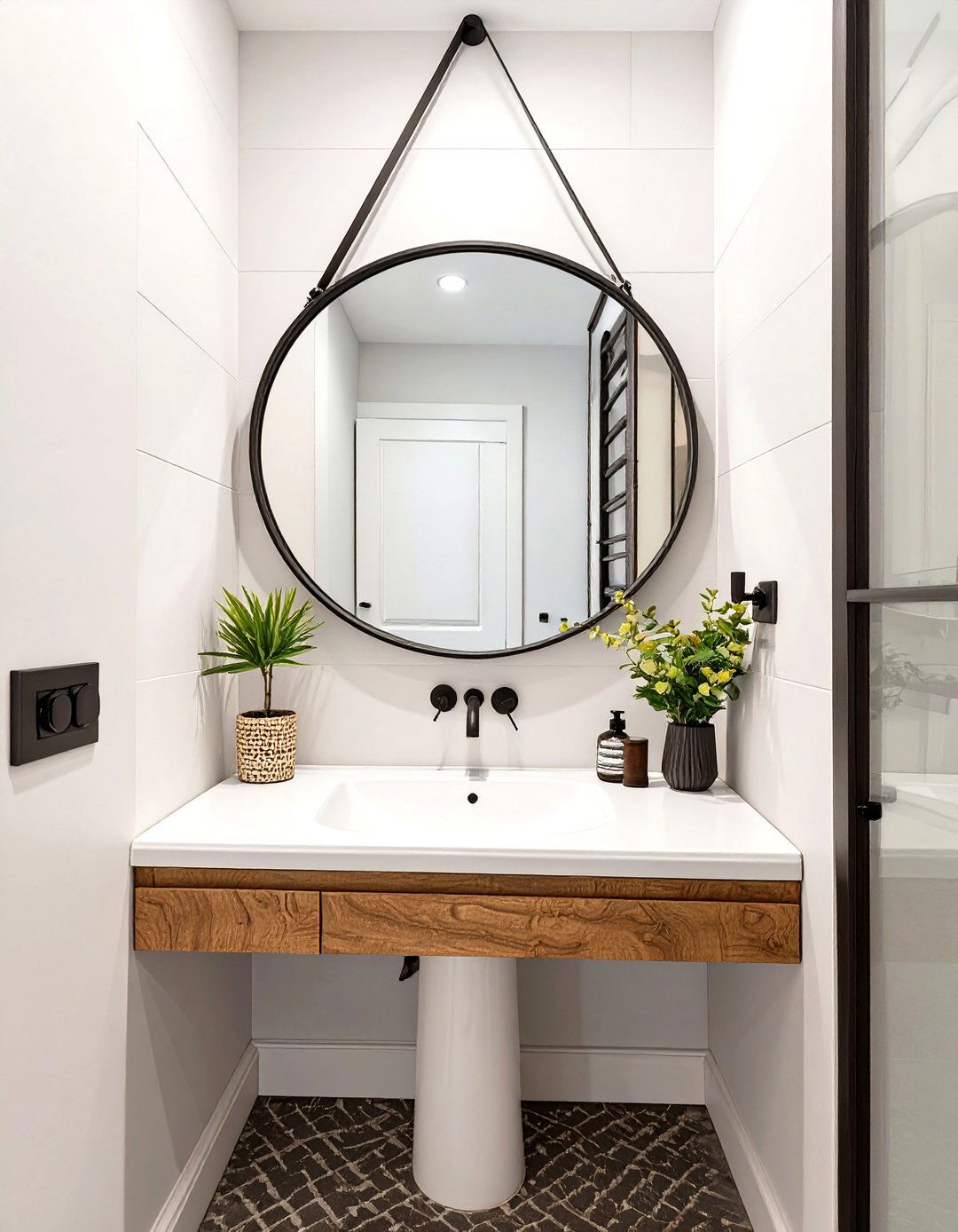 Hang a Round Vanity Mirror - 30 small guest bathroom ideas