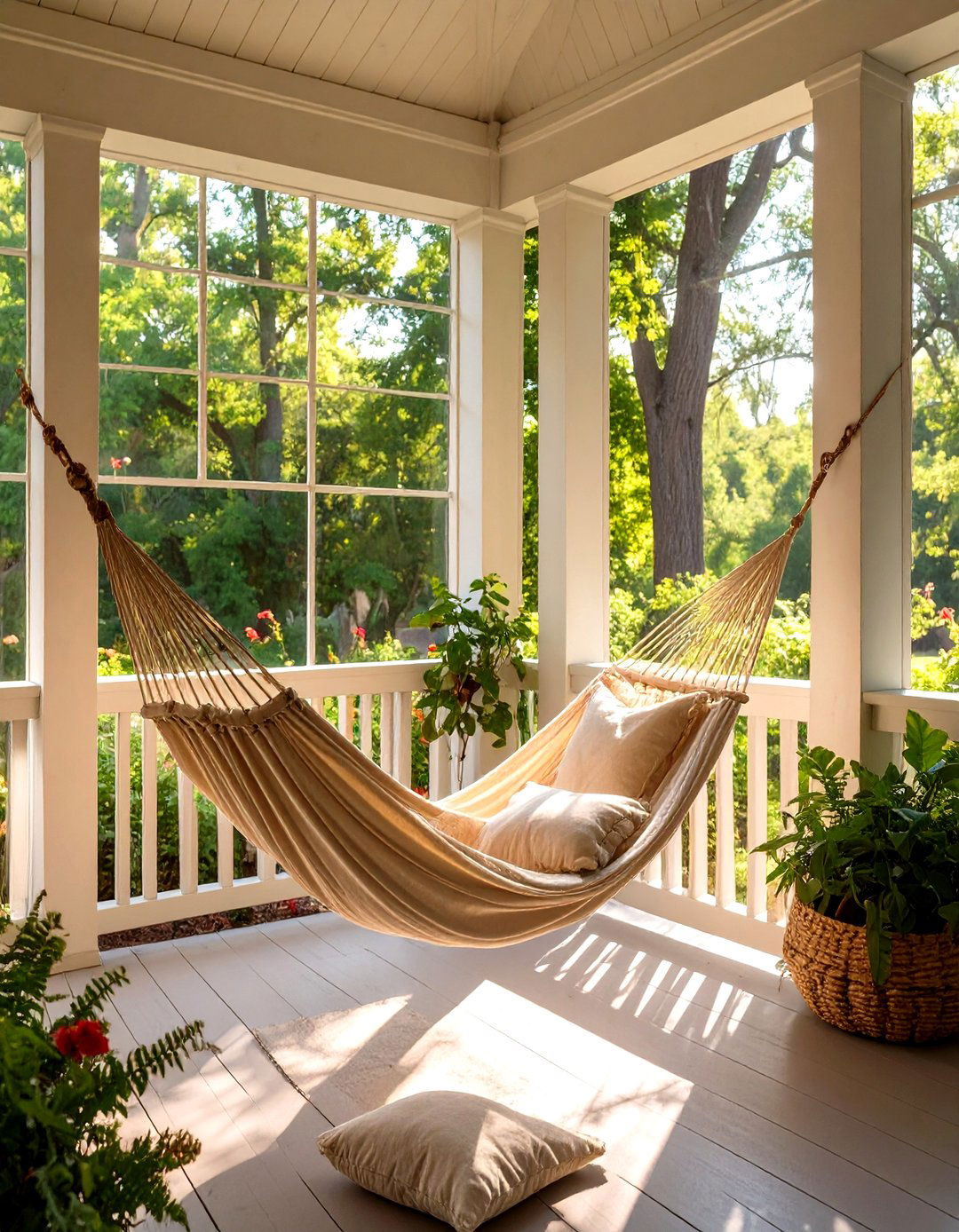 Hang a Simple Fabric Hammock - 30 screen porch ideas on a budget