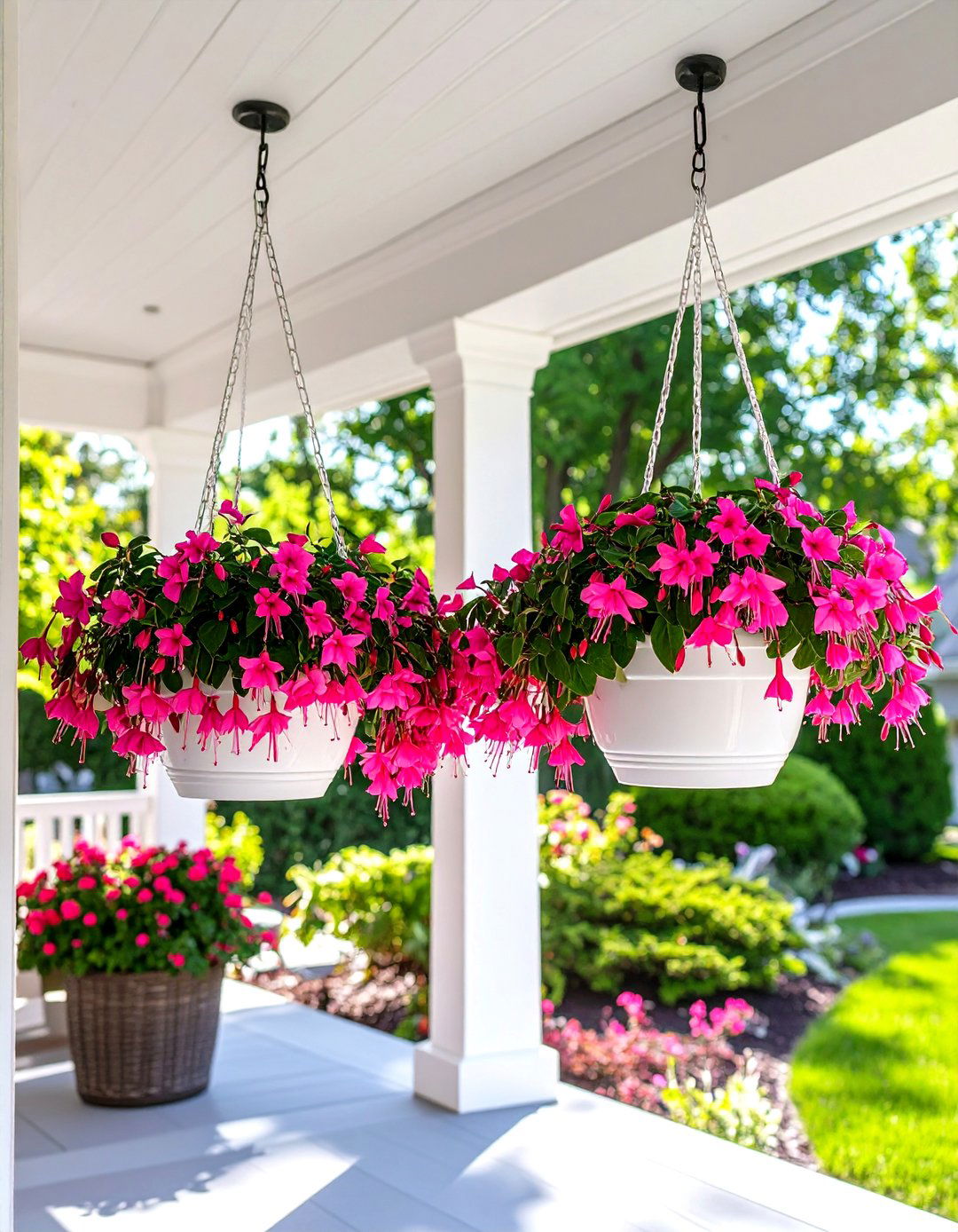 Hanging Baskets on Porch Hooks - 30 small area cheap simple front yard landscaping ideas