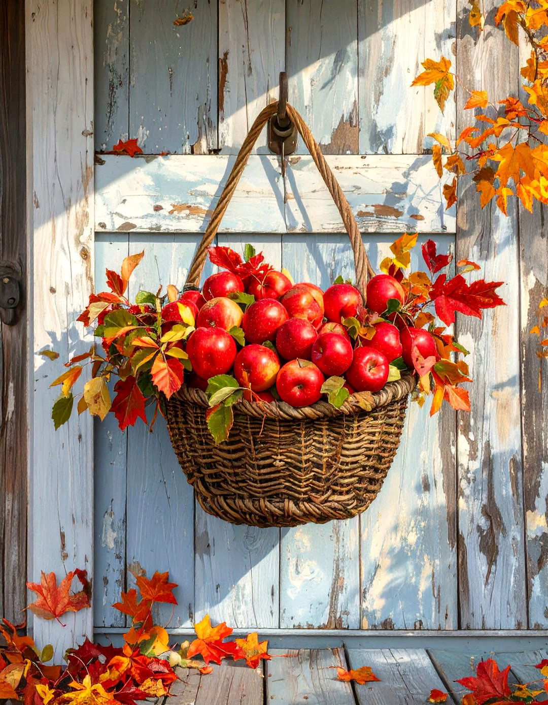 Hanging Bushel Baskets with Apples - 30 outdoor fall decor ideas