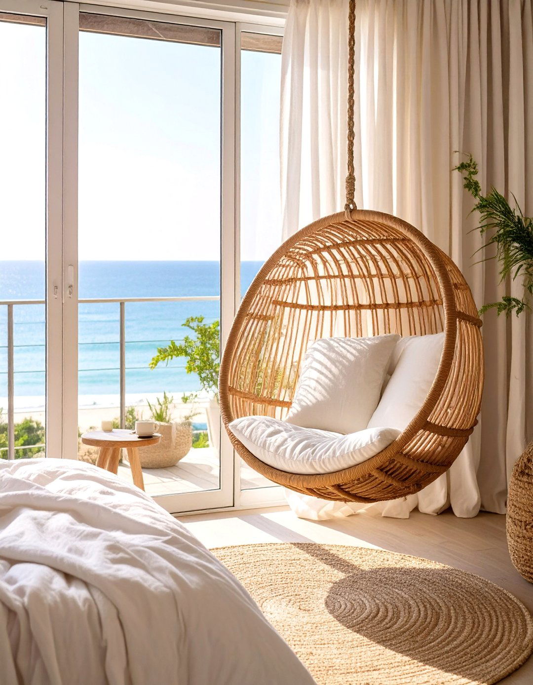 Hanging Chair in a Corner - 30 seaside modern coastal bedroom ideas