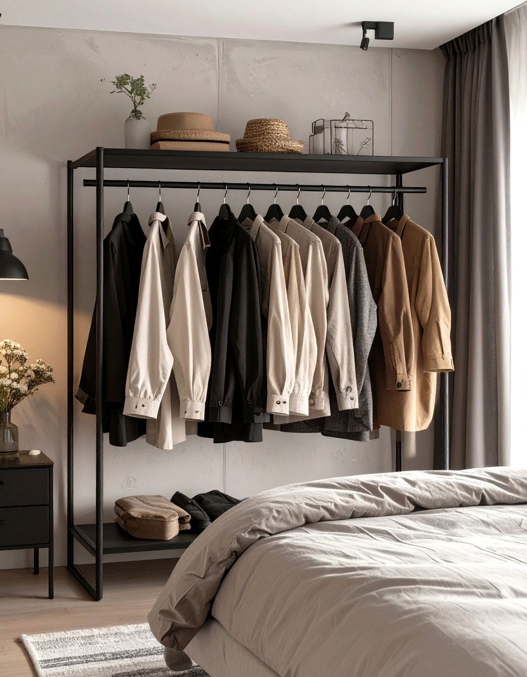 Hanging Clothes Rack as Open Storage - 30 small bedroom decorating ideas