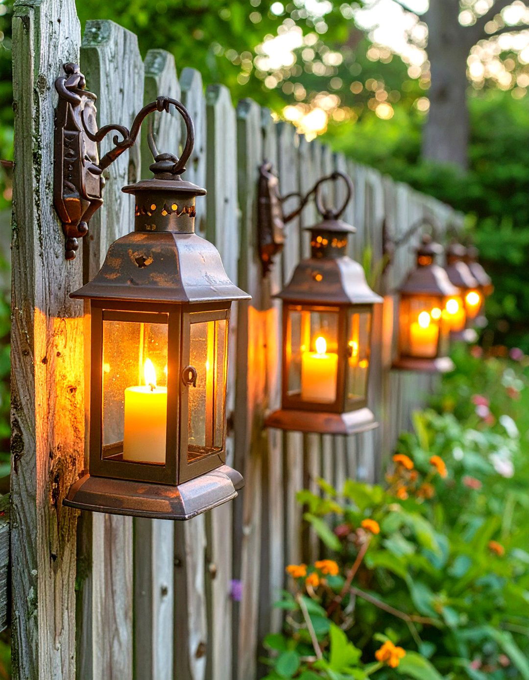 Hanging Lanterns on Fence Hooks - 30 outdoor fence lighting ideas