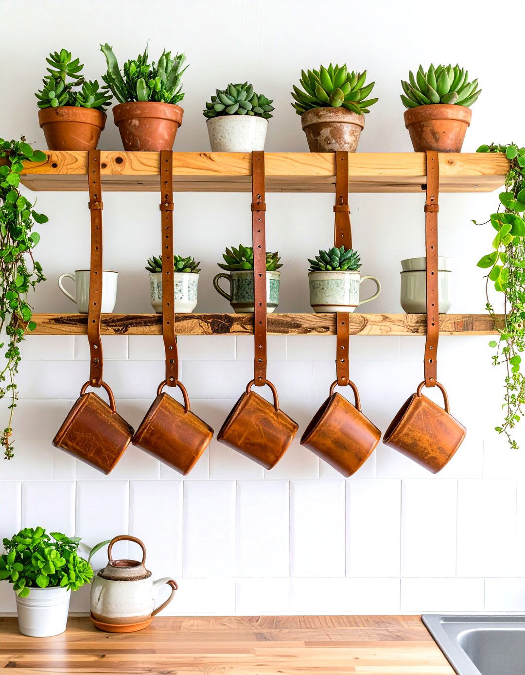 Hanging Leather Strap Kitchen Shelves - 30 kitchen shelves ideas