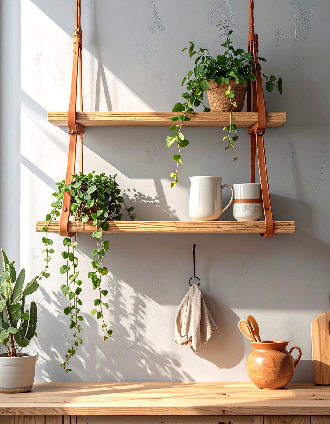 Hanging Leather Strap Shelves - 30 small kitchen shelf ideas