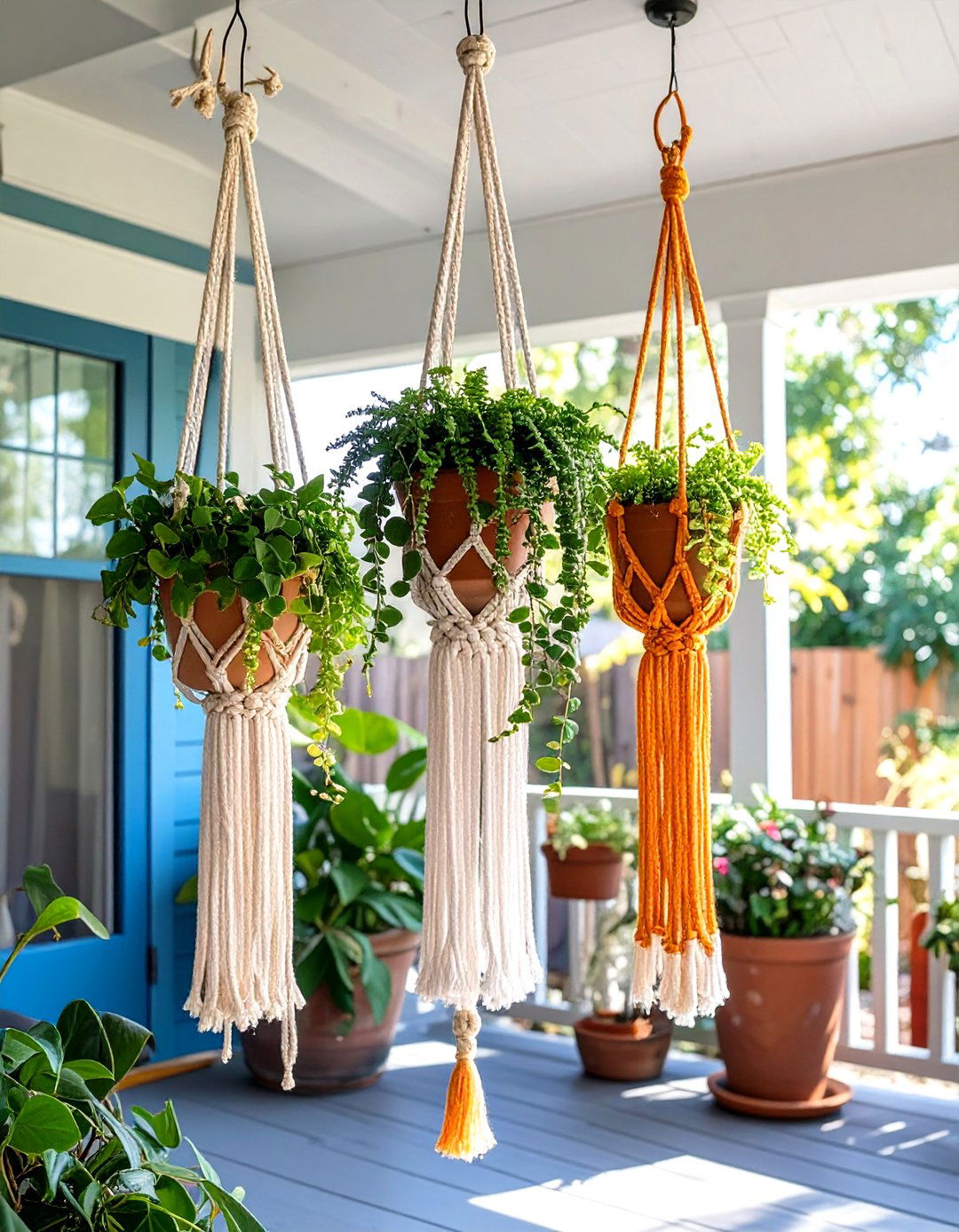 Hanging Macrame Plant Hangers - 30 small back porch ideas