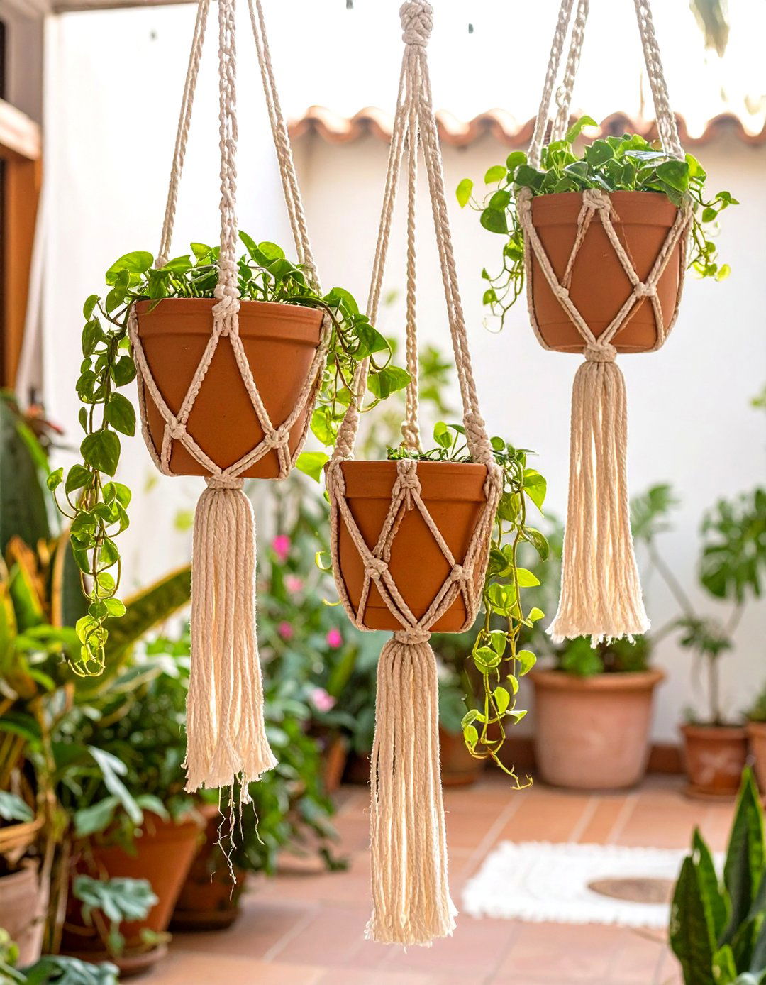 Hanging Macrame Planters for a Boho Patio - 30 small patio garden ideas