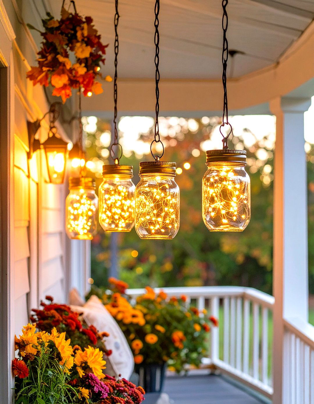 Hanging Mason Jar Lanterns - 30 small front porch fall decorating ideas