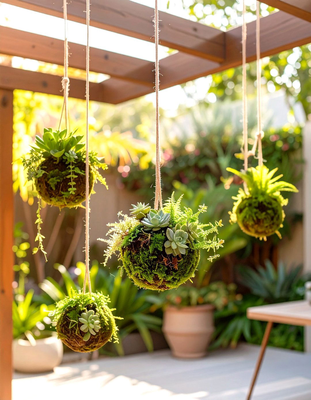 Hanging Plant Kokedama - 30 outdoor patio ideas on a budget