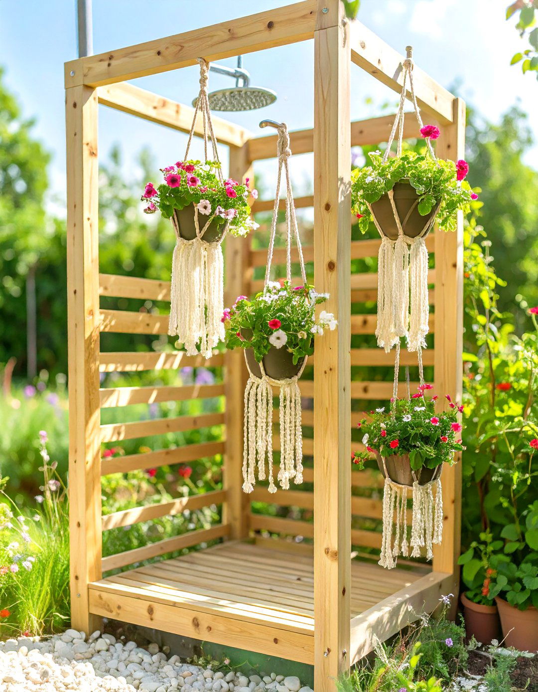 Hanging Planter Accents - 30 rustic outdoor shower ideas